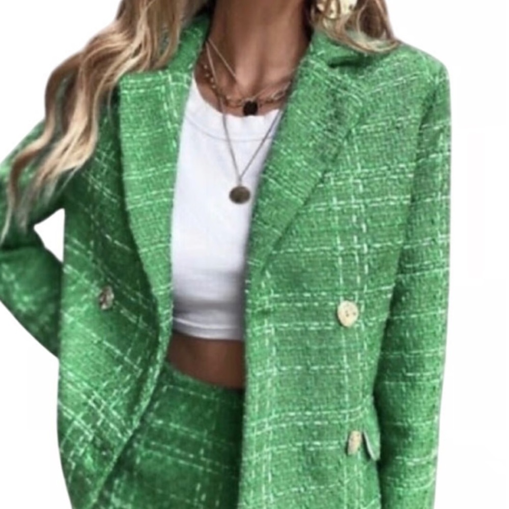 RACHEL ZOE GREEN APPLE TWEED TEXTURED DOUBLE BREASTED BUTTON BLAZER  SZ  L - Picture 5 of 13